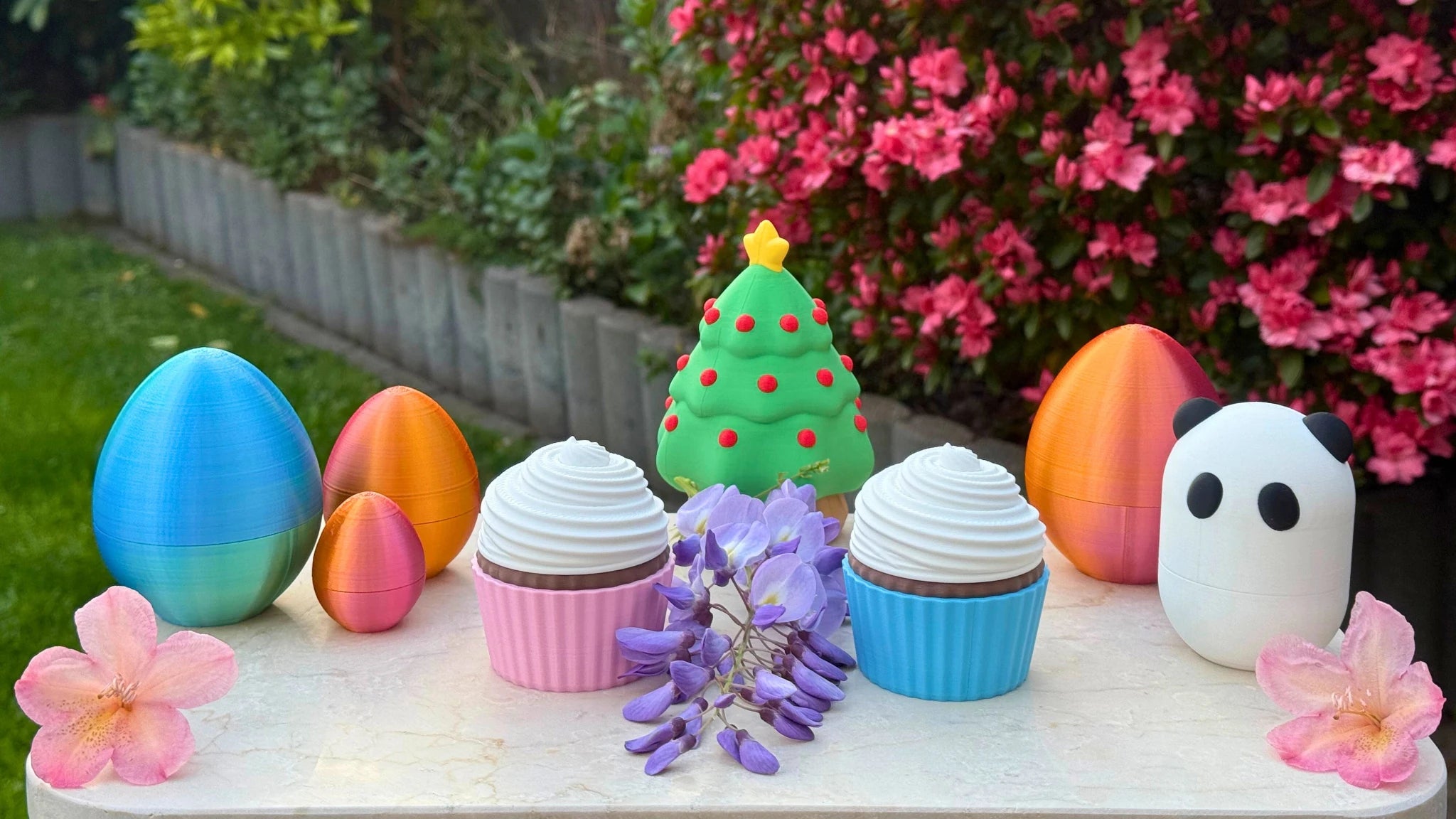 Verschillende kleurrijke 3D-geprinte opbergcontainers in de vorm van paaseieren, cupcakes, een kerstboom en een panda, uitgestald op een tafel in een bloeiende tuin.