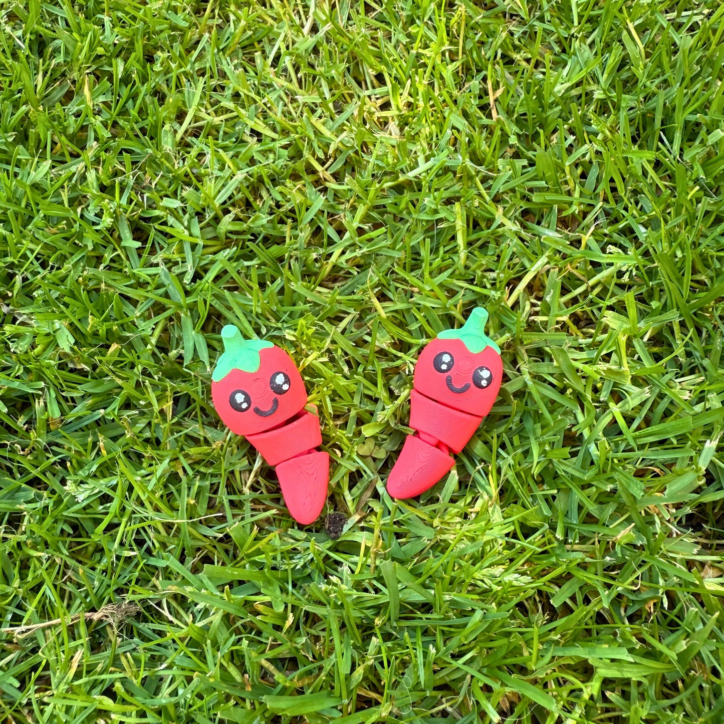 Flexibel model van twee 3D geprinte rode chilipepers, speelgoed met beweegbare delen voor kinderen.