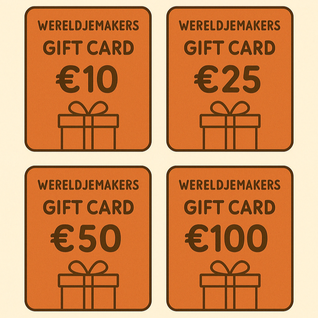 Vier WereldjeMakers cadeaubonnen in waarden van €10, €25, €50 en €100 met een oranje achtergrond en cadeautjesymbool.