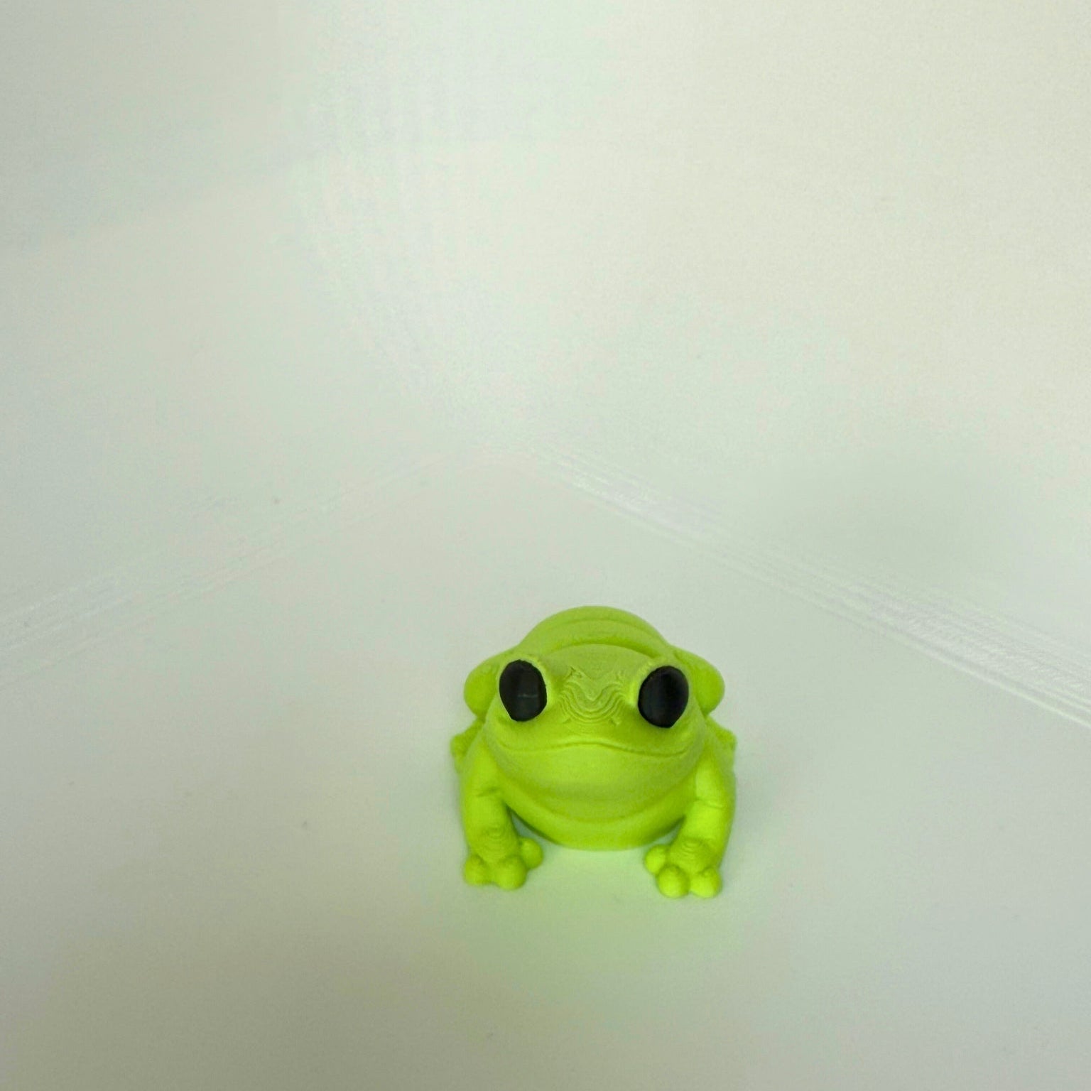 Kinder- en milieuvriendelijk kikker figuurtje, frontaal in beeld met grote ogen en een glimlachende uitstraling