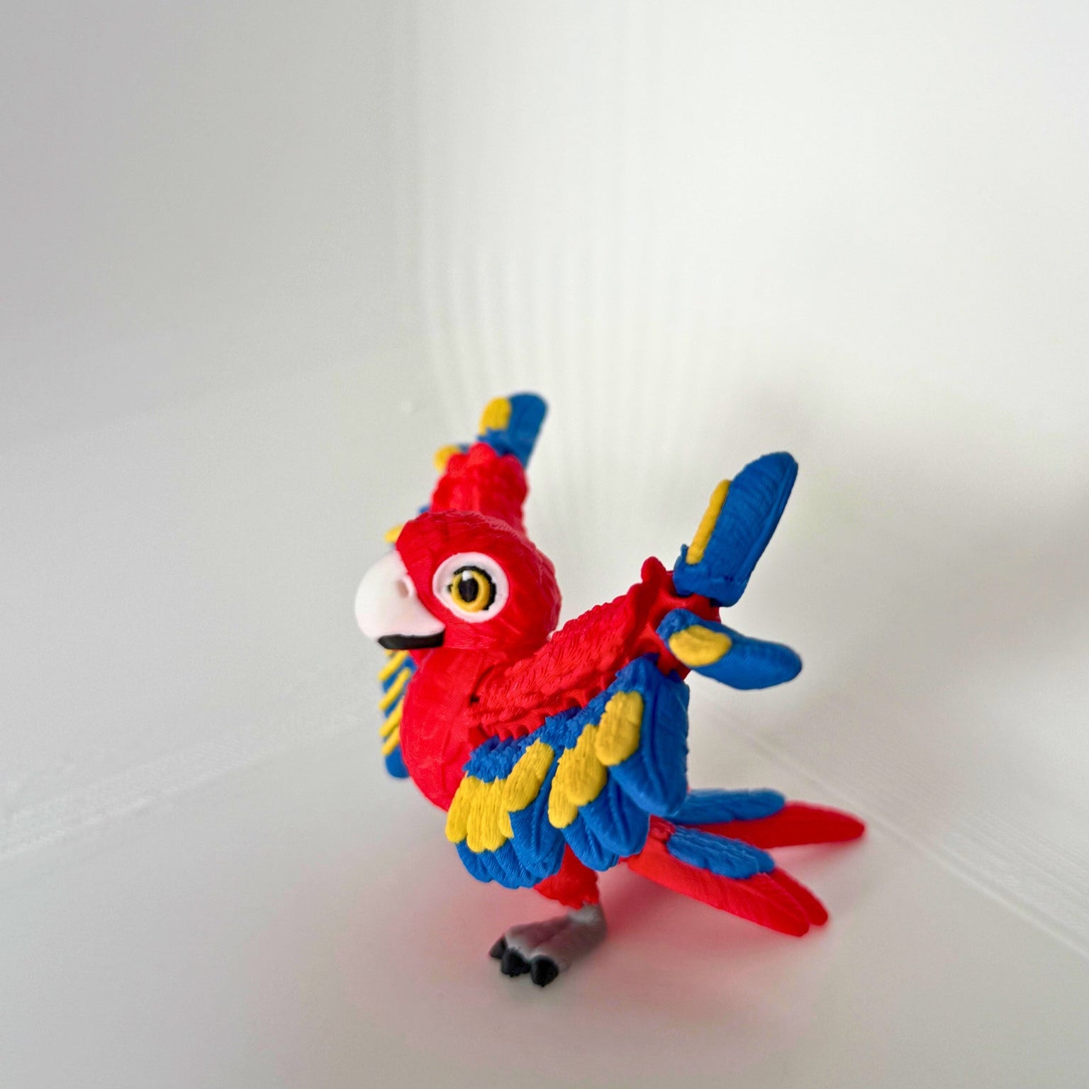 Rode papegaai met blauwe en gele accenten, van opzij bekeken in vliegende houding.