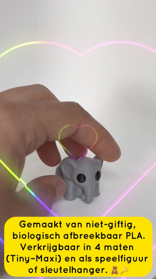 Demonstratievideo van een grijs 3D-geprint olifantenspeeltje dat soepel beweegt, ideaal voor kinderen vanaf 3 jaar.