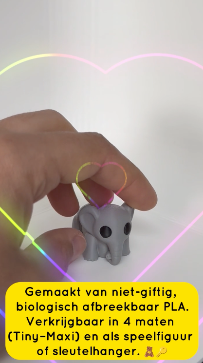 Demonstratievideo van een grijs 3D-geprint olifantenspeeltje dat soepel beweegt, ideaal voor kinderen vanaf 3 jaar.